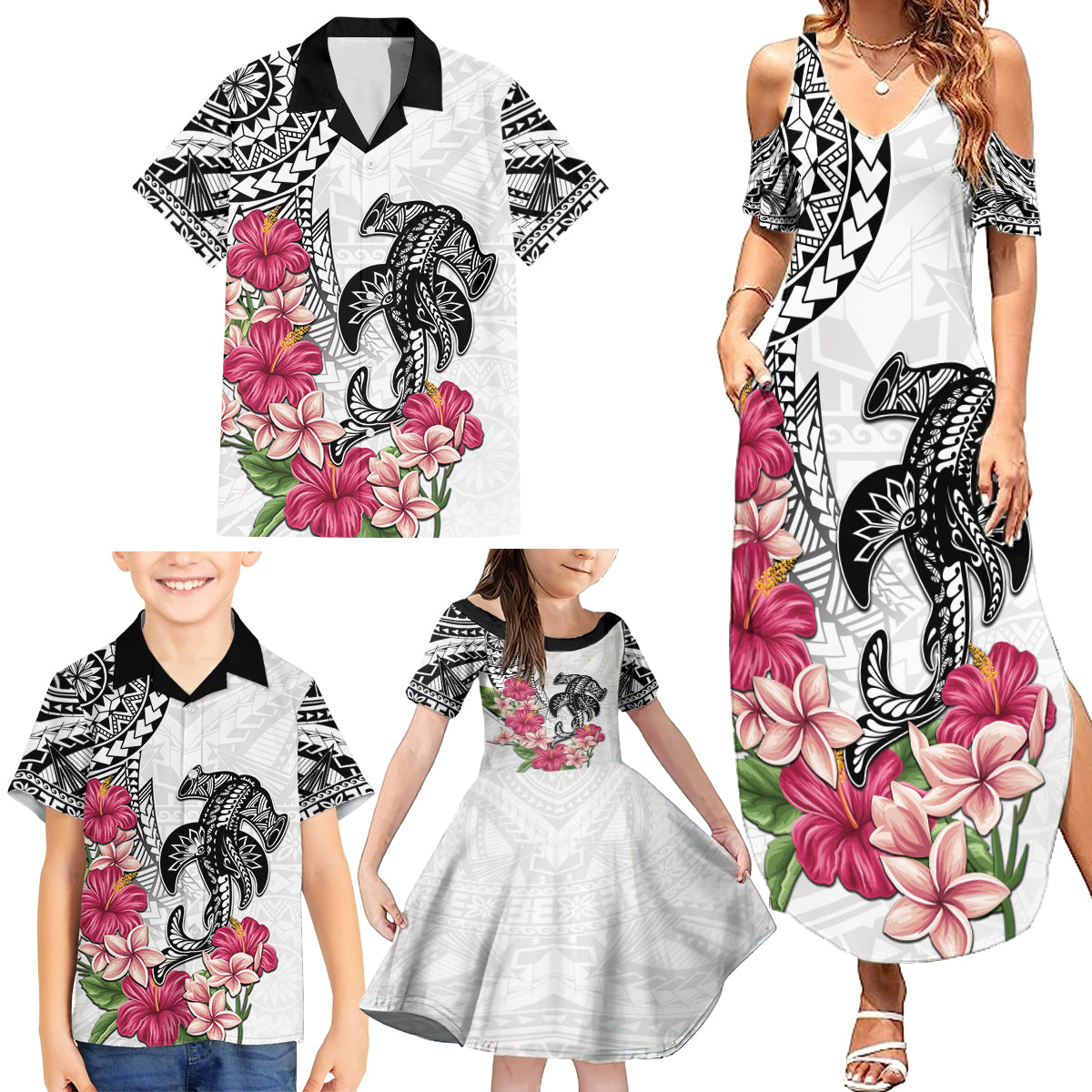 White Polynesian Hammerhead Shark Tribal Pattern Family Matching Summer Maxi Dress and Hawaiian Shirt LT05 - Polynesian Pride