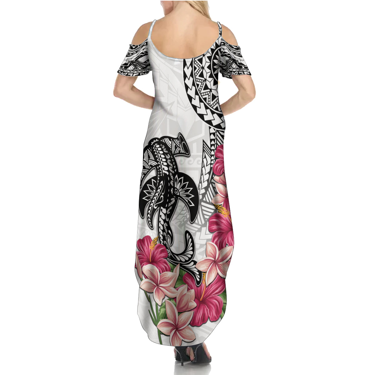White Polynesian Hammerhead Shark Tribal Pattern Family Matching Summer Maxi Dress and Hawaiian Shirt LT05 - Polynesian Pride
