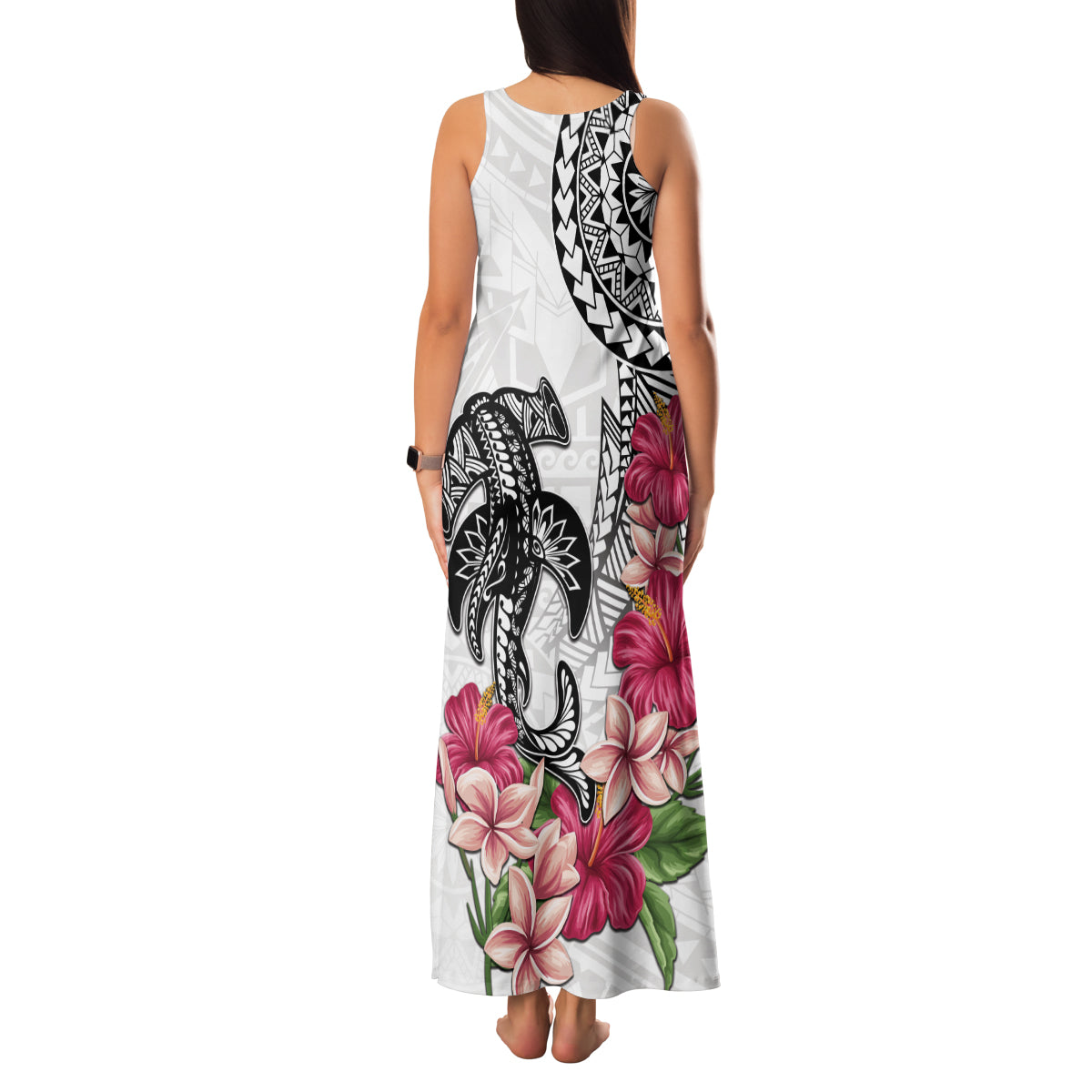 White Polynesian Hammerhead Shark Tribal Pattern Family Matching Tank Maxi Dress and Hawaiian Shirt LT05 - Polynesian Pride