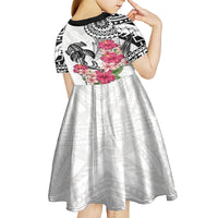 White Polynesian Hammerhead Shark Tribal Pattern Kid Short Sleeve Dress