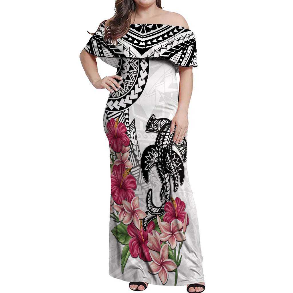 White Polynesian Hammerhead Shark Tribal Pattern Off Shoulder Maxi Dress LT05 Women White - Polynesian Pride