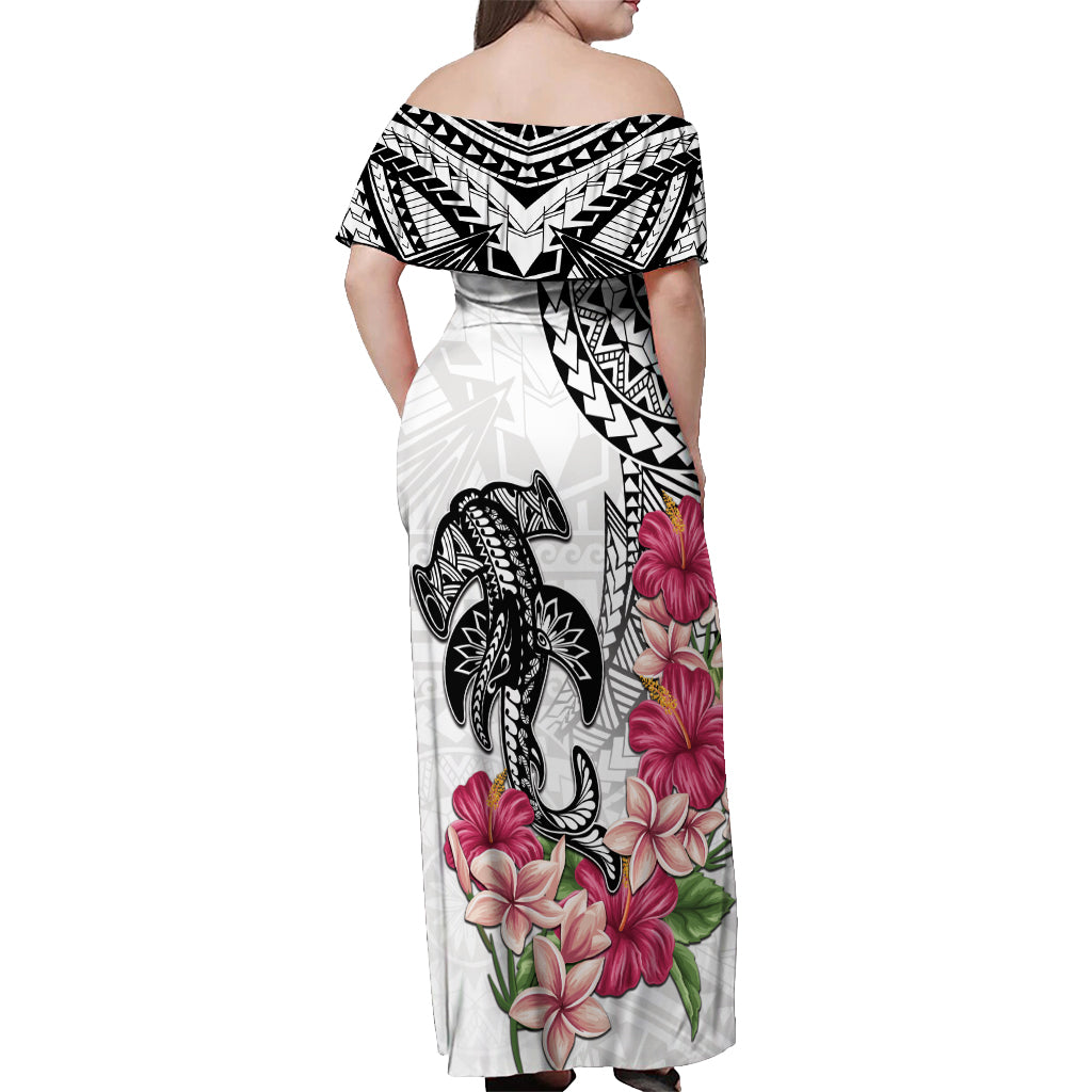 White Polynesian Hammerhead Shark Tribal Pattern Off Shoulder Maxi Dress LT05 - Polynesian Pride