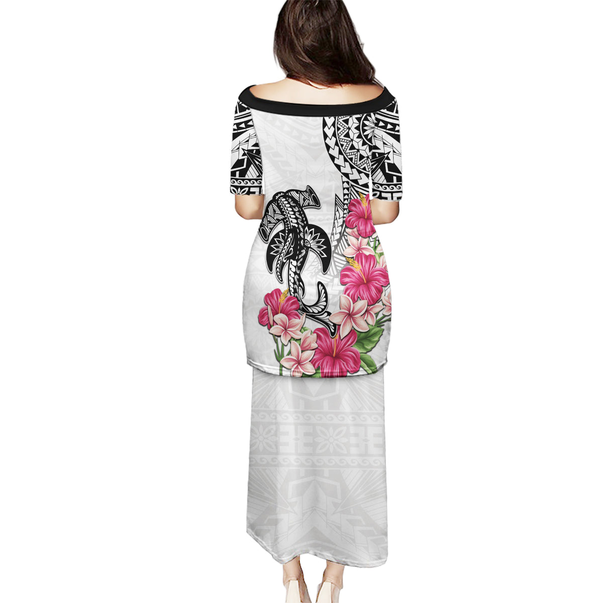 White Polynesian Hammerhead Shark Tribal Pattern Puletasi