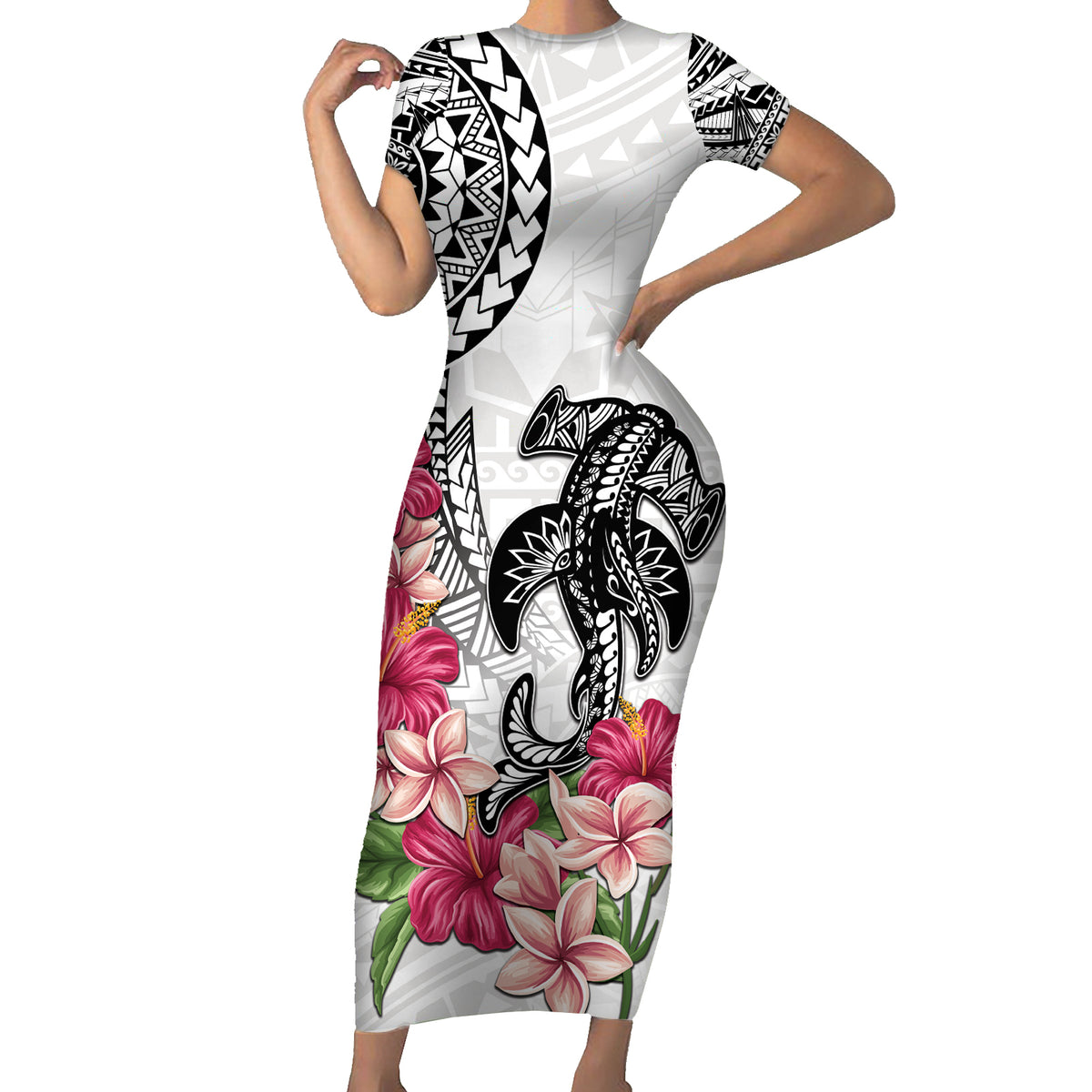 White Polynesian Hammerhead Shark Tribal Pattern Short Sleeve Bodycon Dress