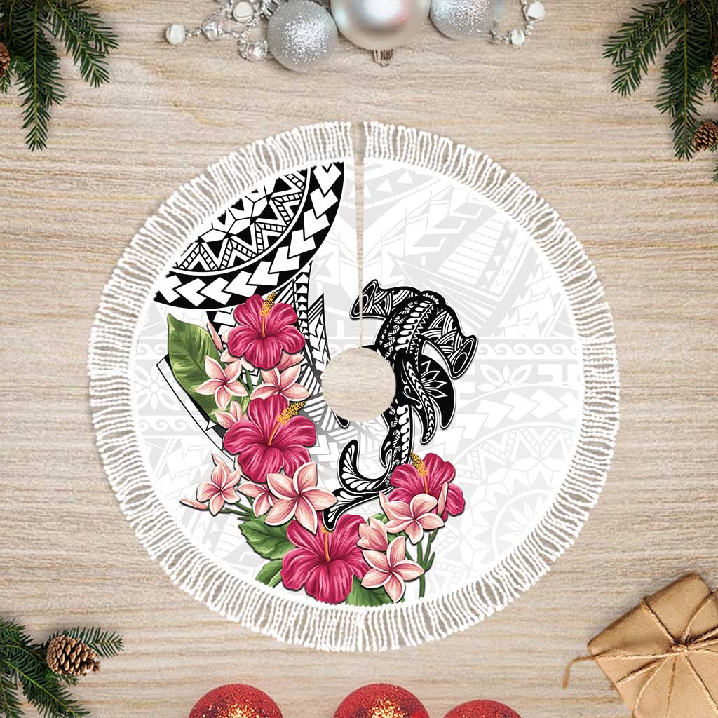 White Polynesian Hammerhead Shark Tribal Pattern Tree Skirt LT05 Fringed White - Polynesian Pride