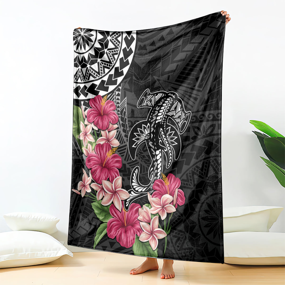 Black Polynesian Hammerhead Shark Tribal Pattern Blanket LT05 - Polynesian Pride