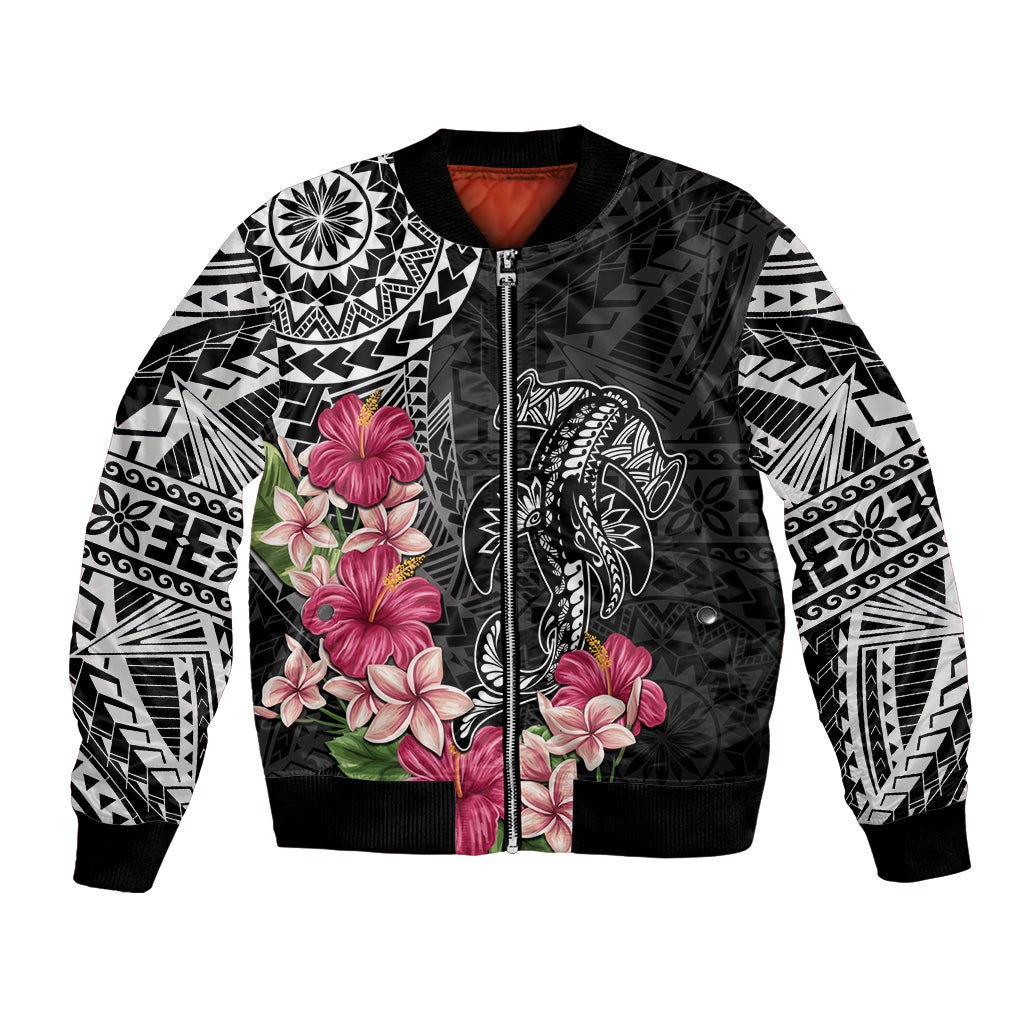 Black Polynesian Hammerhead Shark Tribal Pattern Bomber Jacket
