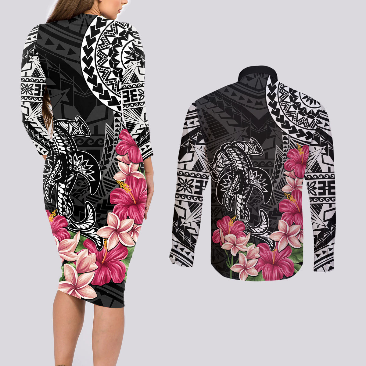 Black Polynesian Hammerhead Shark Tribal Pattern Couples Matching Long Sleeve Bodycon Dress and Long Sleeve Button Shirt
