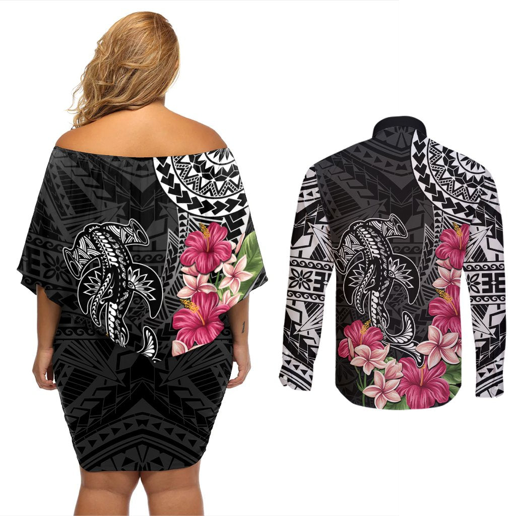 Black Polynesian Hammerhead Shark Tribal Pattern Couples Matching Off Shoulder Short Dress and Long Sleeve Button Shirt