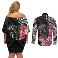 Black Polynesian Hammerhead Shark Tribal Pattern Couples Matching Off Shoulder Short Dress and Long Sleeve Button Shirt