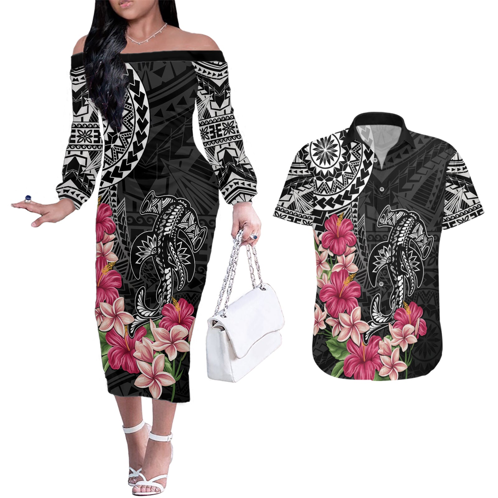 Black Polynesian Hammerhead Shark Tribal Pattern Couples Matching Off The Shoulder Long Sleeve Dress and Hawaiian Shirt