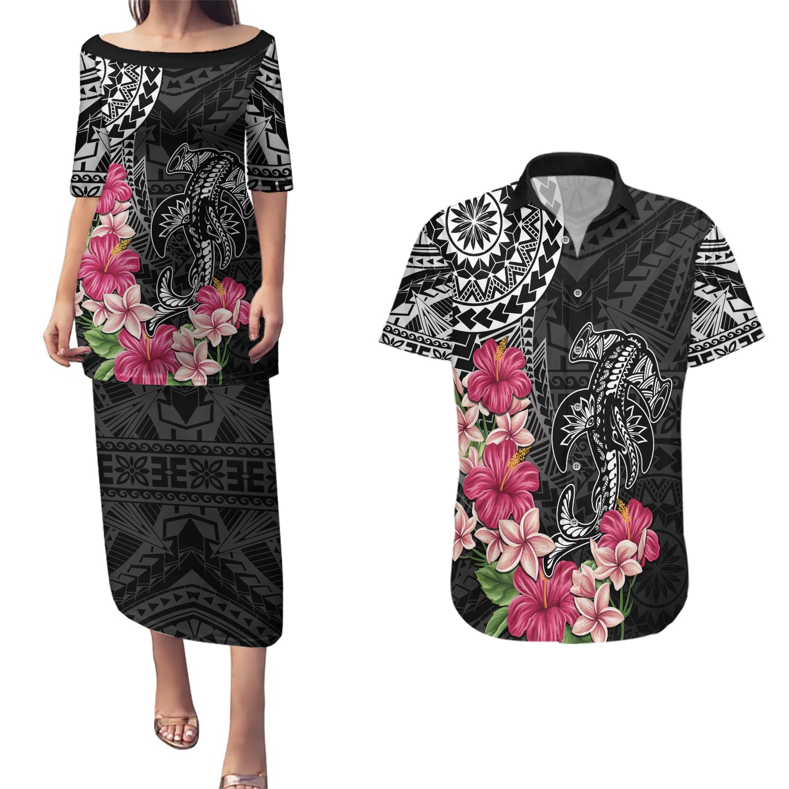 Black Polynesian Hammerhead Shark Tribal Pattern Couples Matching Puletasi and Hawaiian Shirt