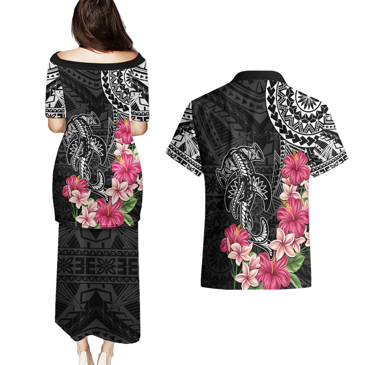 Black Polynesian Hammerhead Shark Tribal Pattern Couples Matching Puletasi and Hawaiian Shirt