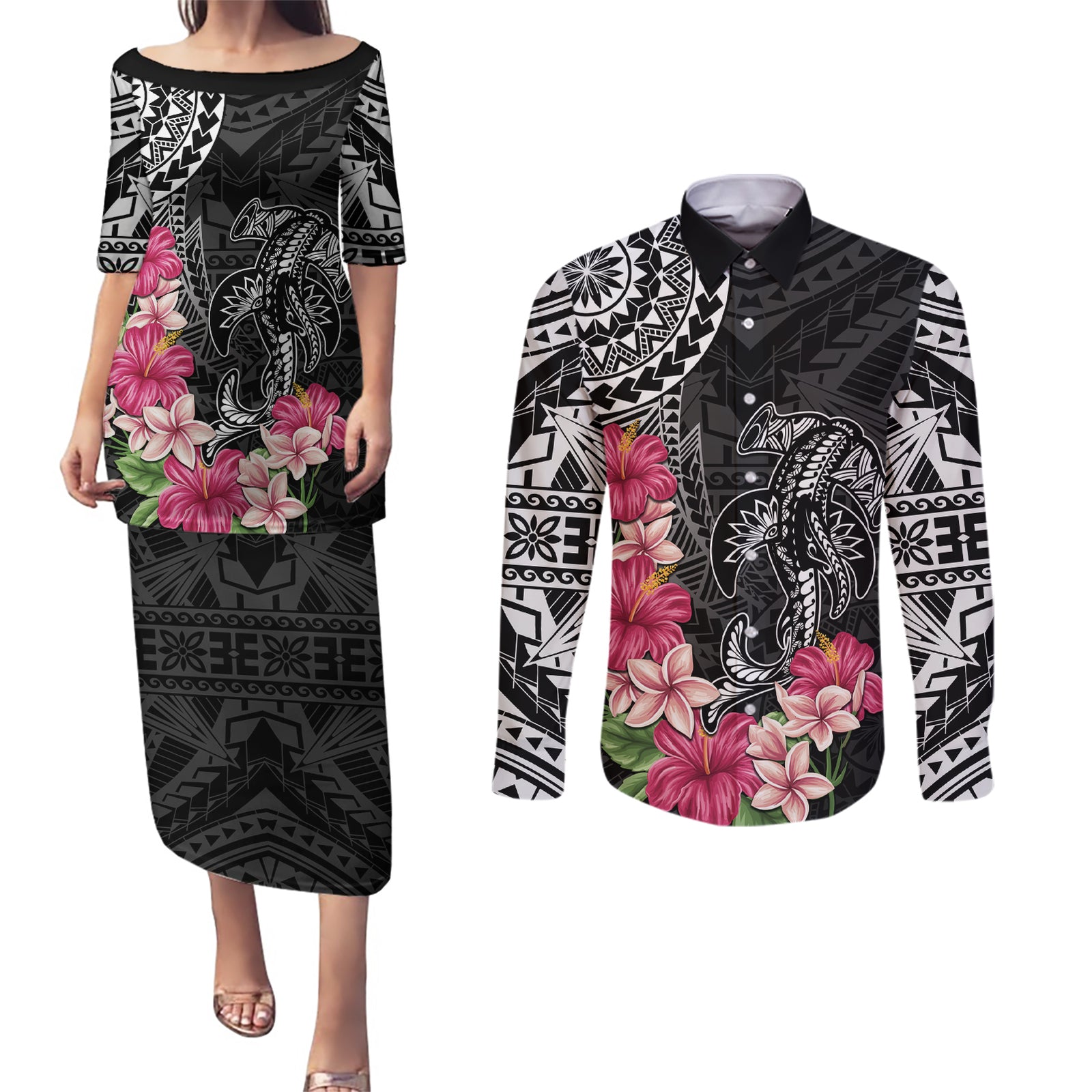 Black Polynesian Hammerhead Shark Tribal Pattern Couples Matching Puletasi and Long Sleeve Button Shirt