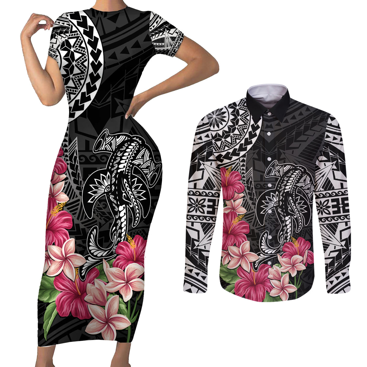 Black Polynesian Hammerhead Shark Tribal Pattern Couples Matching Short Sleeve Bodycon Dress and Long Sleeve Button Shirt