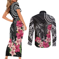 Black Polynesian Hammerhead Shark Tribal Pattern Couples Matching Short Sleeve Bodycon Dress and Long Sleeve Button Shirt