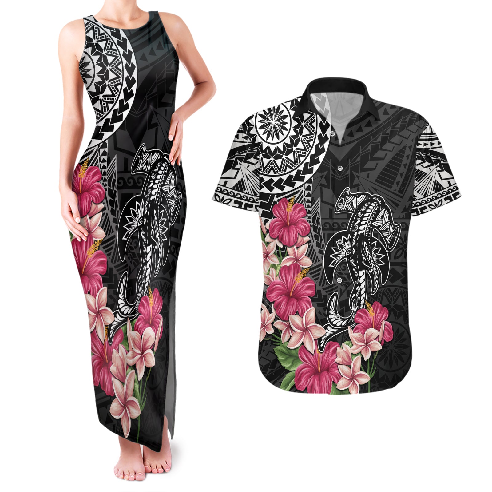 Black Polynesian Hammerhead Shark Tribal Pattern Couples Matching Tank Maxi Dress and Hawaiian Shirt