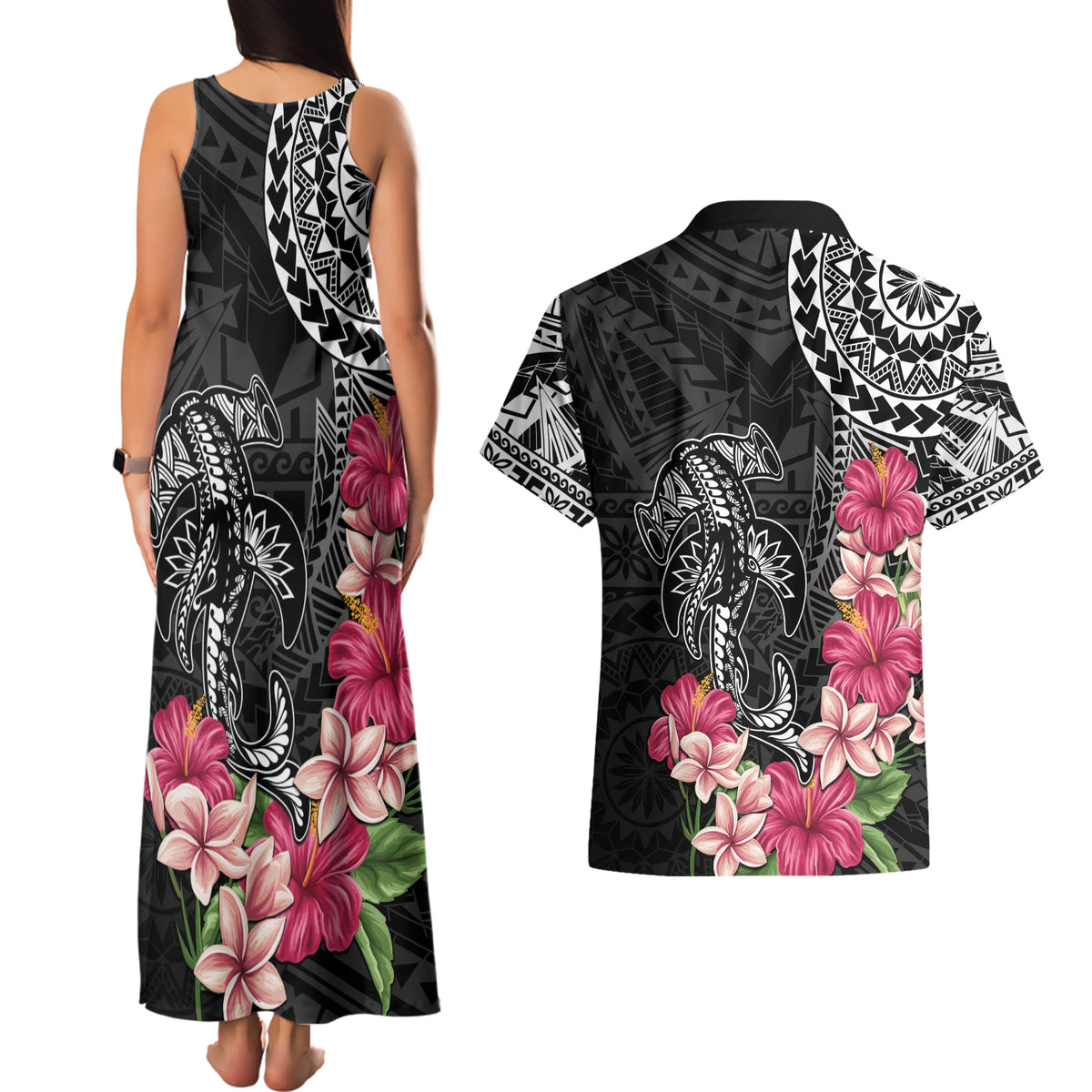 Black Polynesian Hammerhead Shark Tribal Pattern Couples Matching Tank Maxi Dress and Hawaiian Shirt