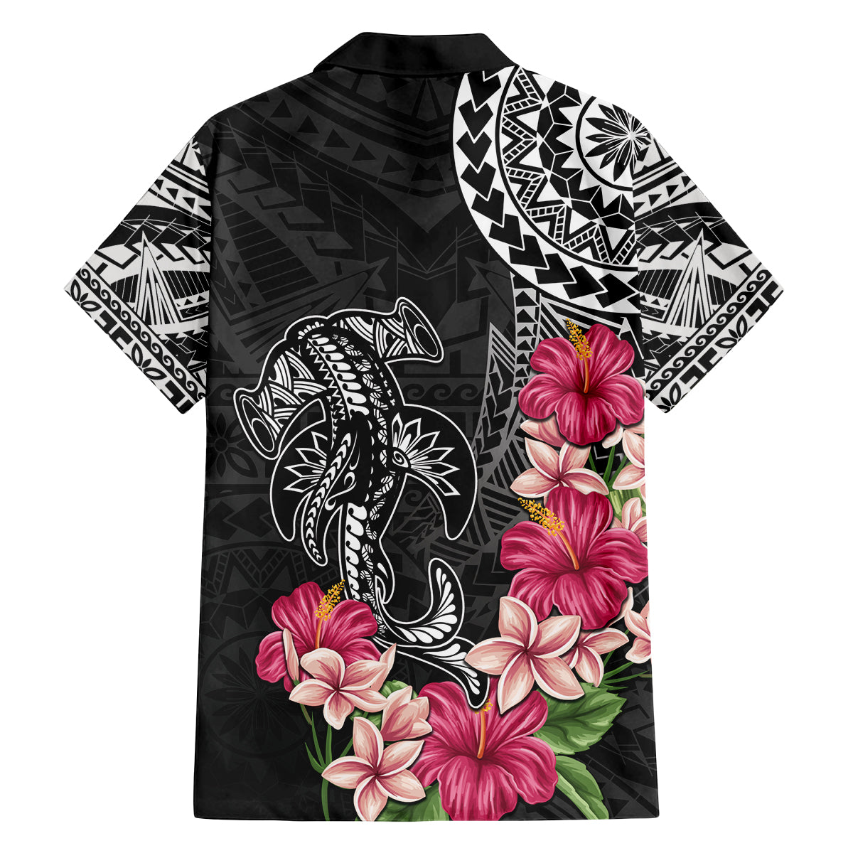 Black Polynesian Hammerhead Shark Tribal Pattern Family Matching Long Sleeve Bodycon Dress and Hawaiian Shirt