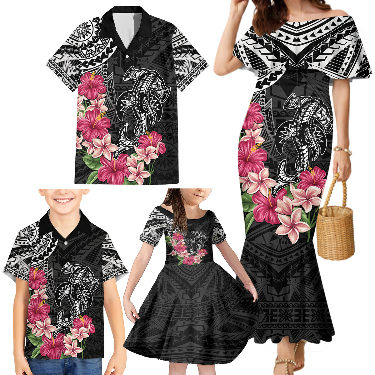 Black Polynesian Hammerhead Shark Tribal Pattern Family Matching Mermaid Dress and Hawaiian Shirt LT05 - Polynesian Pride