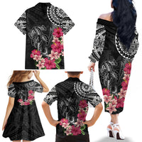 Black Polynesian Hammerhead Shark Tribal Pattern Family Matching Off The Shoulder Long Sleeve Dress and Hawaiian Shirt