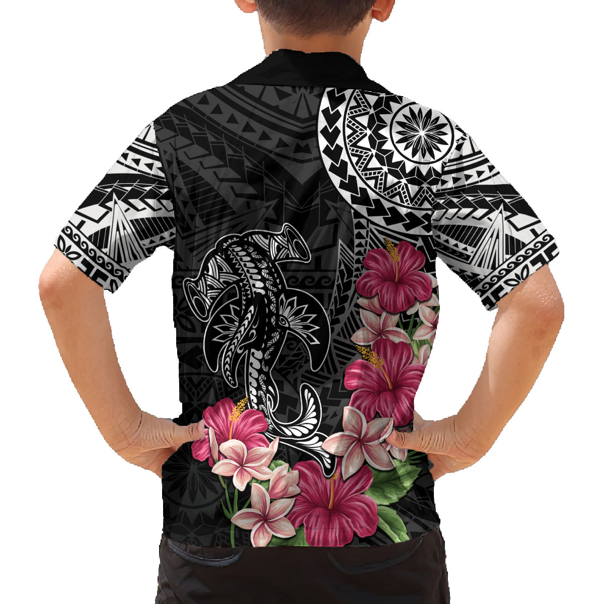 Black Polynesian Hammerhead Shark Tribal Pattern Family Matching Off Shoulder Maxi Dress and Hawaiian Shirt LT05 - Polynesian Pride