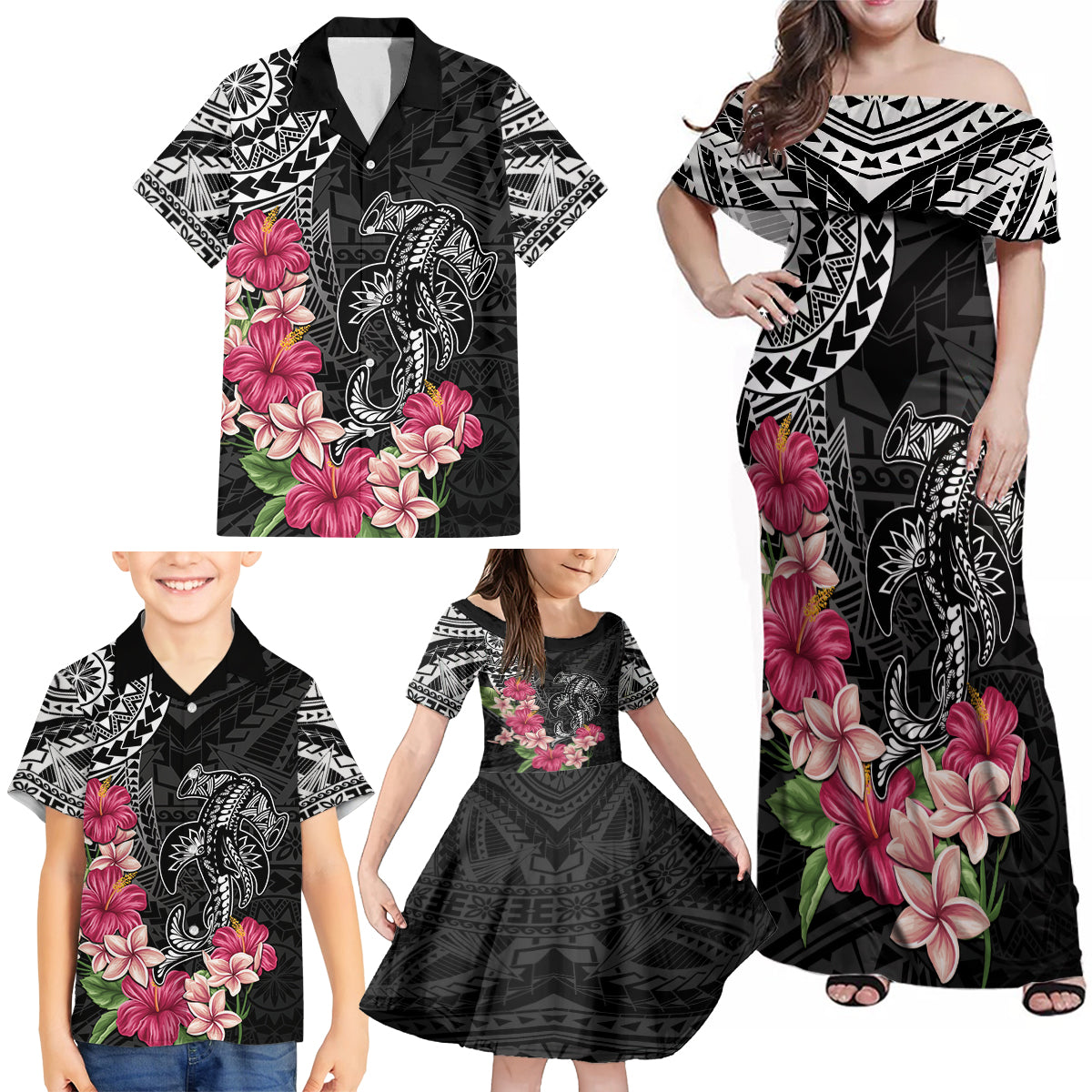 Black Polynesian Hammerhead Shark Tribal Pattern Family Matching Off Shoulder Maxi Dress and Hawaiian Shirt LT05 - Polynesian Pride