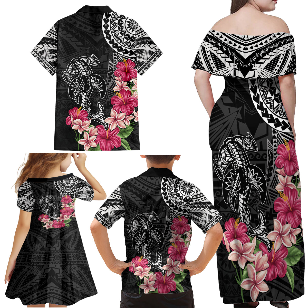 Black Polynesian Hammerhead Shark Tribal Pattern Family Matching Off Shoulder Maxi Dress and Hawaiian Shirt LT05 - Polynesian Pride