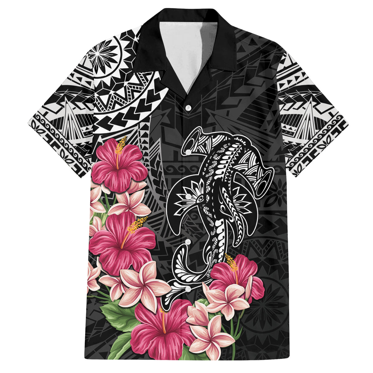Black Polynesian Hammerhead Shark Tribal Pattern Family Matching Off Shoulder Maxi Dress and Hawaiian Shirt LT05 Dad's Shirt - Short Sleeve Black - Polynesian Pride