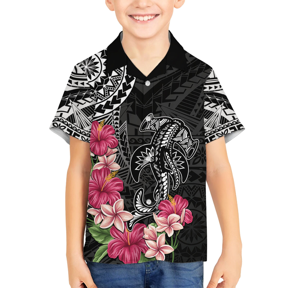 Black Polynesian Hammerhead Shark Tribal Pattern Family Matching Off Shoulder Short Dress and Hawaiian Shirt LT05 Son's Shirt Black - Polynesian Pride