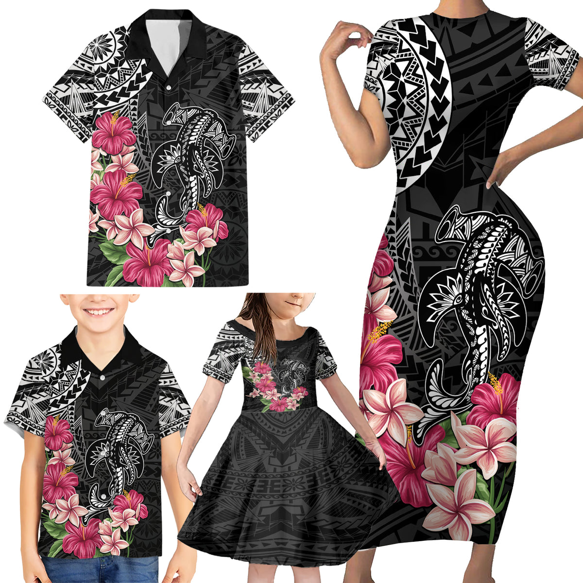 Black Polynesian Hammerhead Shark Tribal Pattern Family Matching Short Sleeve Bodycon Dress and Hawaiian Shirt LT05 - Polynesian Pride