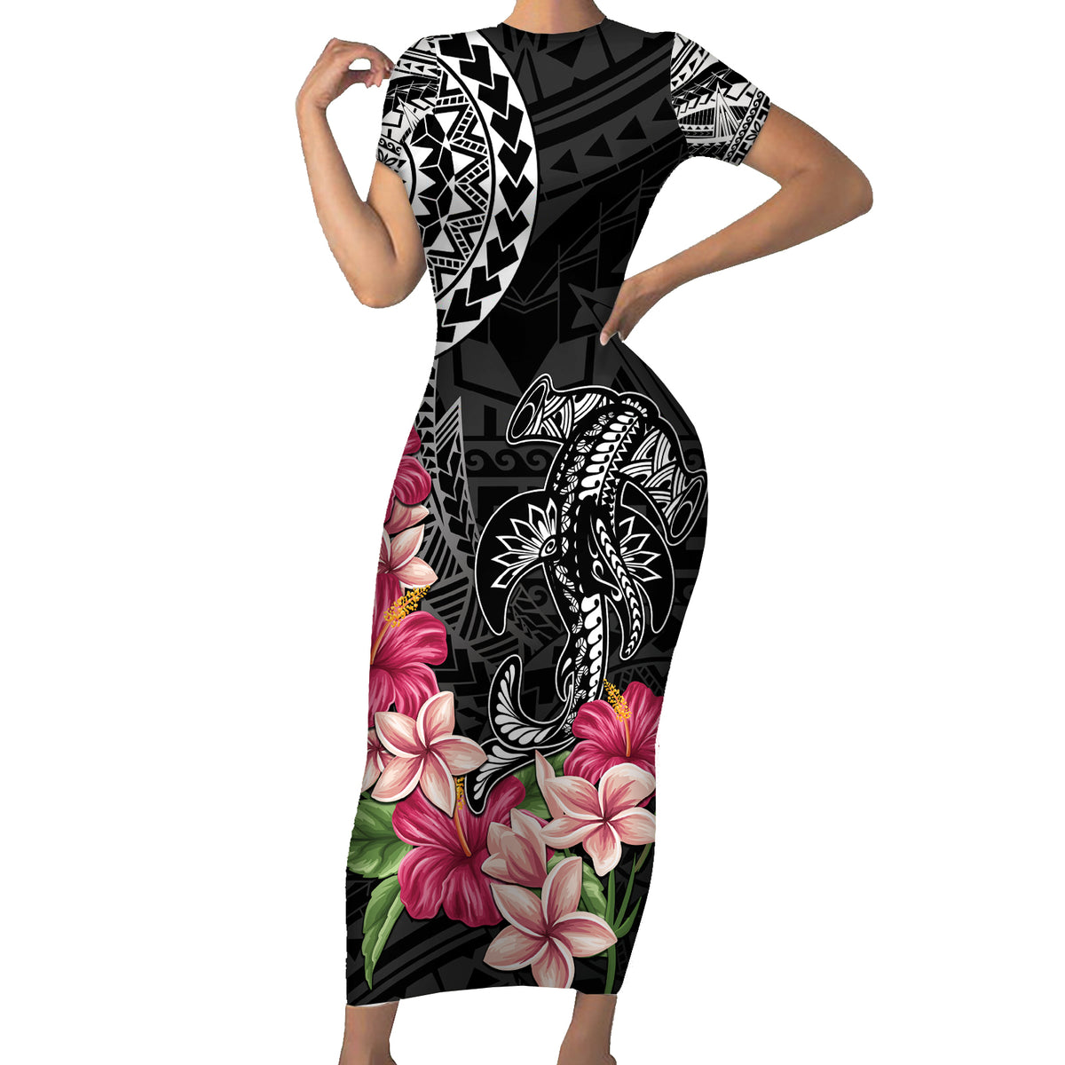 Black Polynesian Hammerhead Shark Tribal Pattern Family Matching Short Sleeve Bodycon Dress and Hawaiian Shirt LT05 Mom's Dress Black - Polynesian Pride