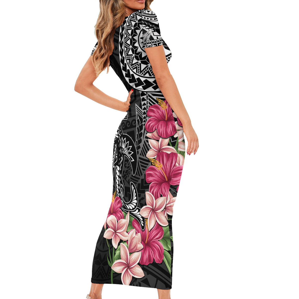 Black Polynesian Hammerhead Shark Tribal Pattern Family Matching Short Sleeve Bodycon Dress and Hawaiian Shirt LT05 - Polynesian Pride