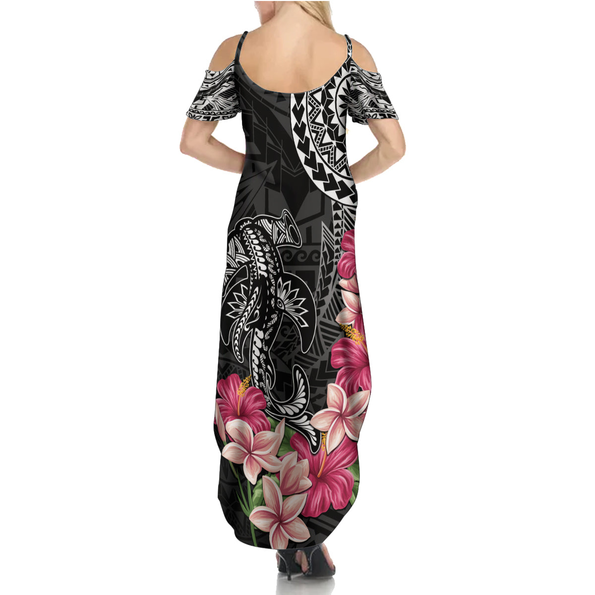 Black Polynesian Hammerhead Shark Tribal Pattern Family Matching Summer Maxi Dress and Hawaiian Shirt LT05 - Polynesian Pride