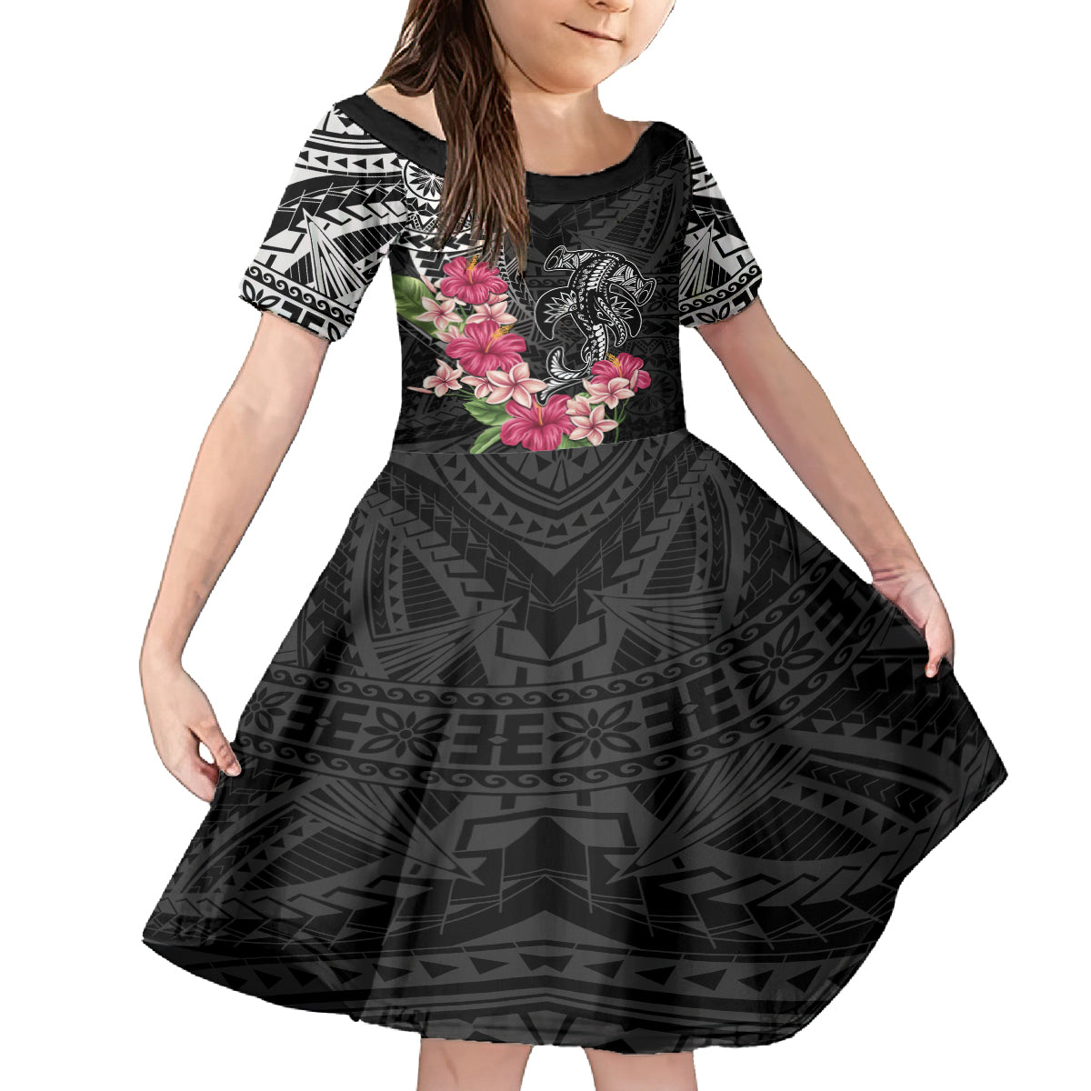 Black Polynesian Hammerhead Shark Tribal Pattern Kid Short Sleeve Dress