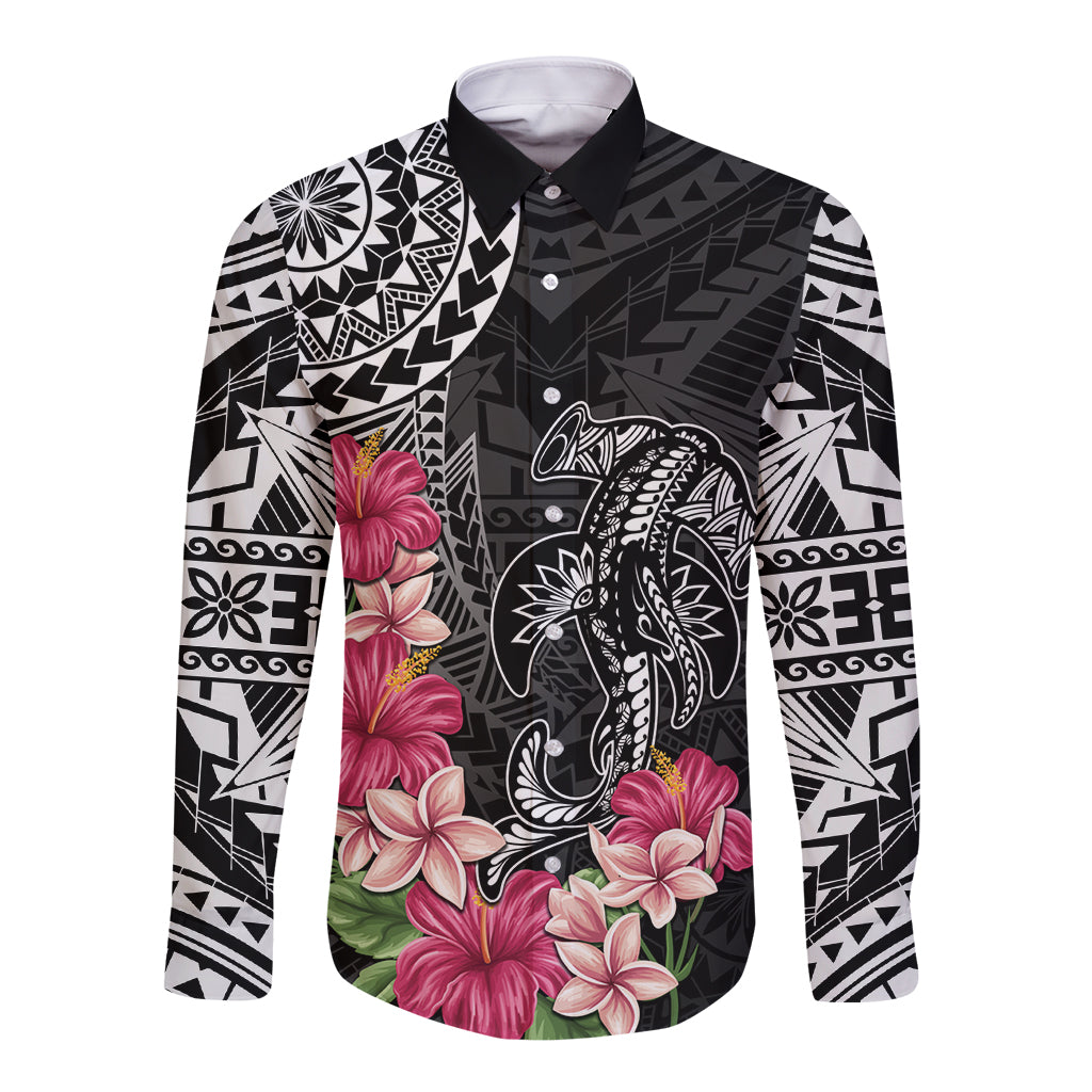 Black Polynesian Hammerhead Shark Tribal Pattern Long Sleeve Button Shirt