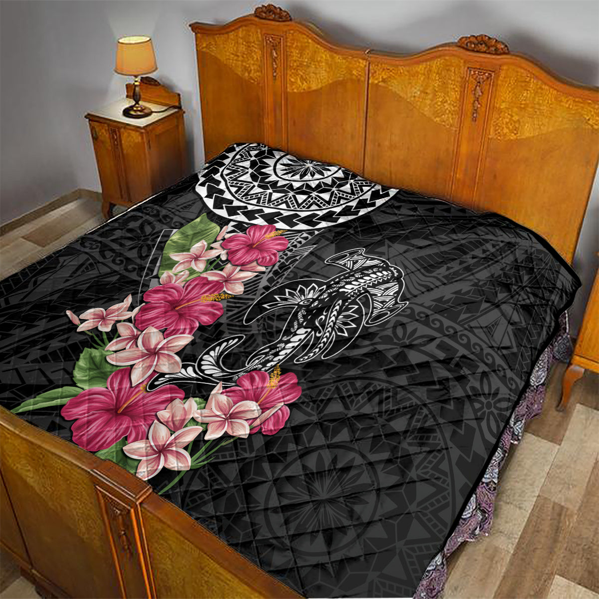Black Polynesian Hammerhead Shark Tribal Pattern Quilt LT05 - Polynesian Pride