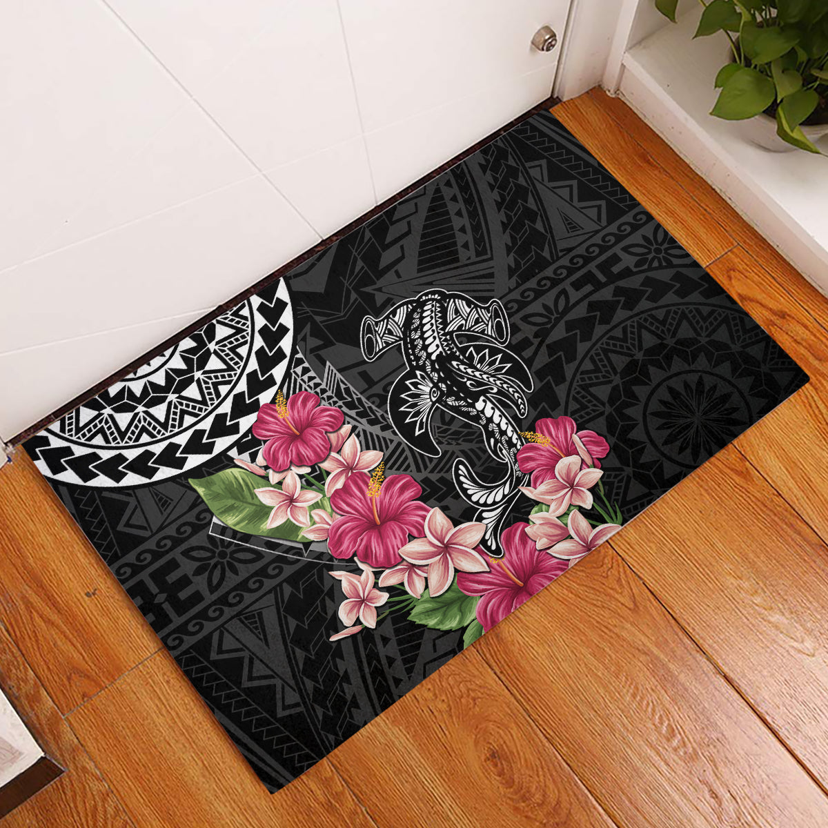 Black Polynesian Hammerhead Shark Tribal Pattern Rubber Doormat LT05 Black - Polynesian Pride