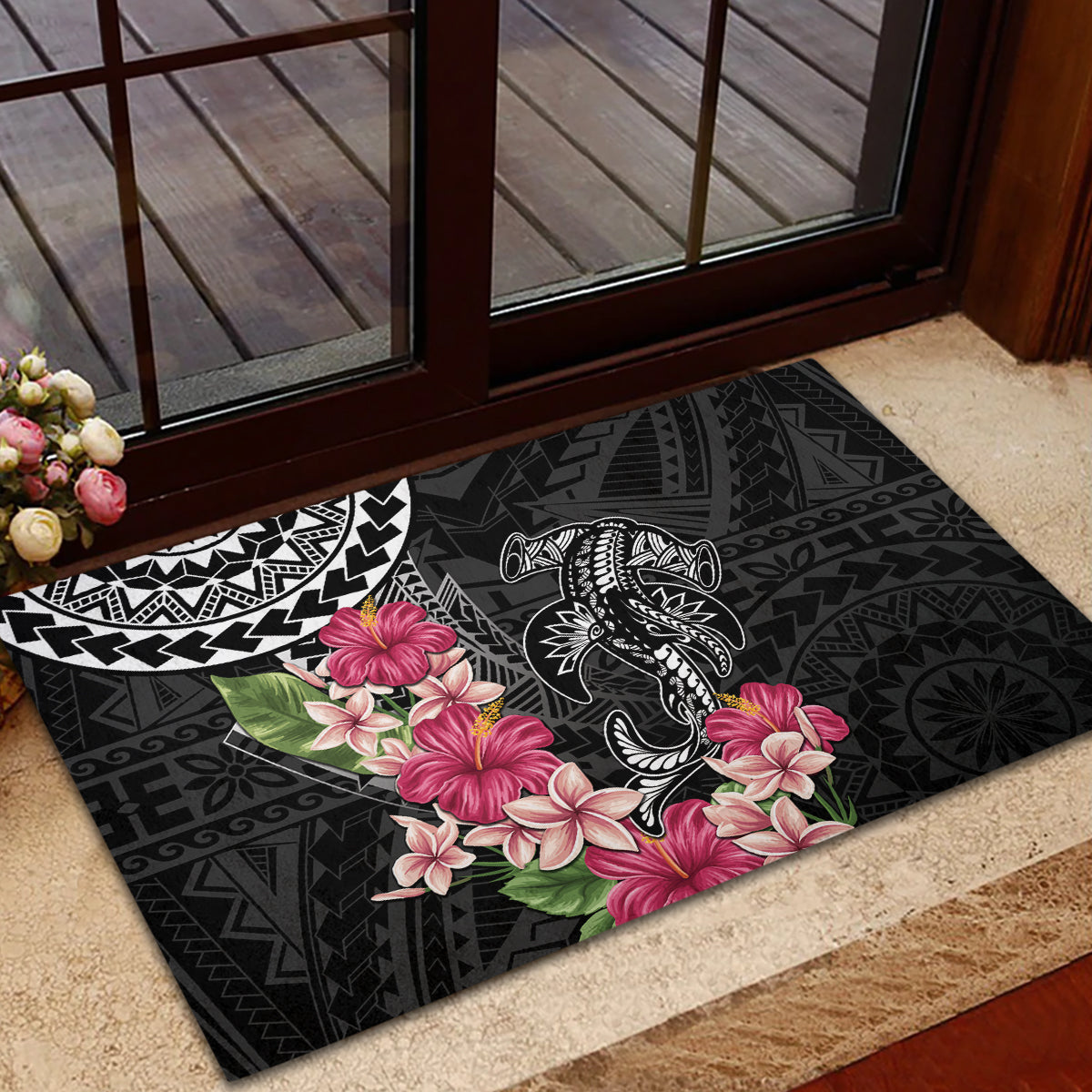 Black Polynesian Hammerhead Shark Tribal Pattern Rubber Doormat LT05 - Polynesian Pride