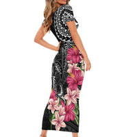 Black Polynesian Hammerhead Shark Tribal Pattern Short Sleeve Bodycon Dress