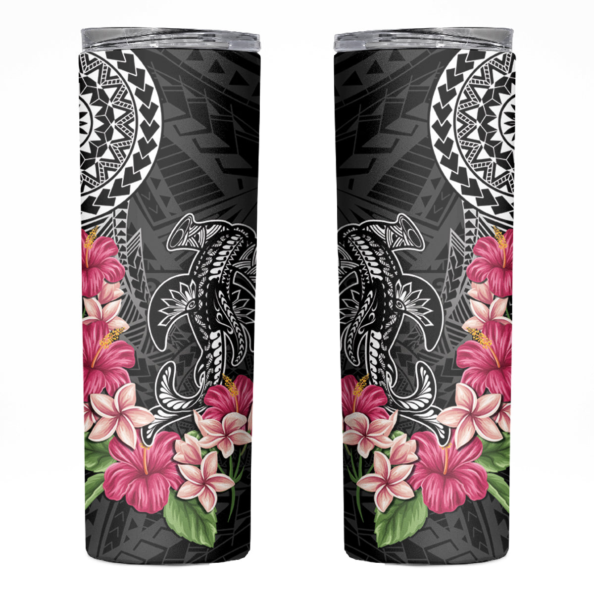 Black Polynesian Hammerhead Shark Tribal Pattern Skinny Tumbler