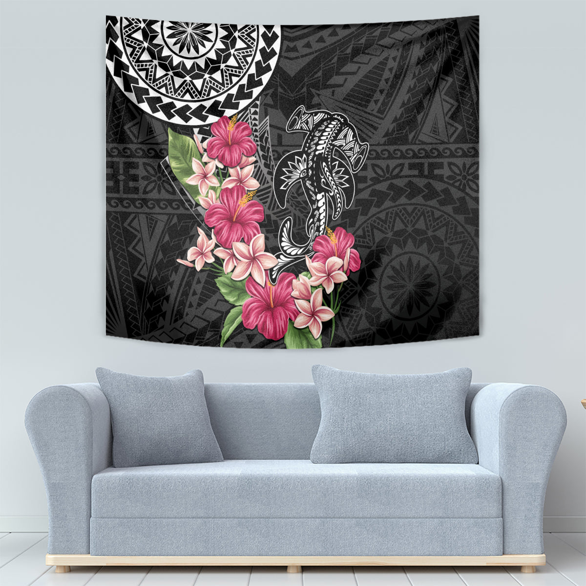 Black Polynesian Hammerhead Shark Tribal Pattern Tapestry