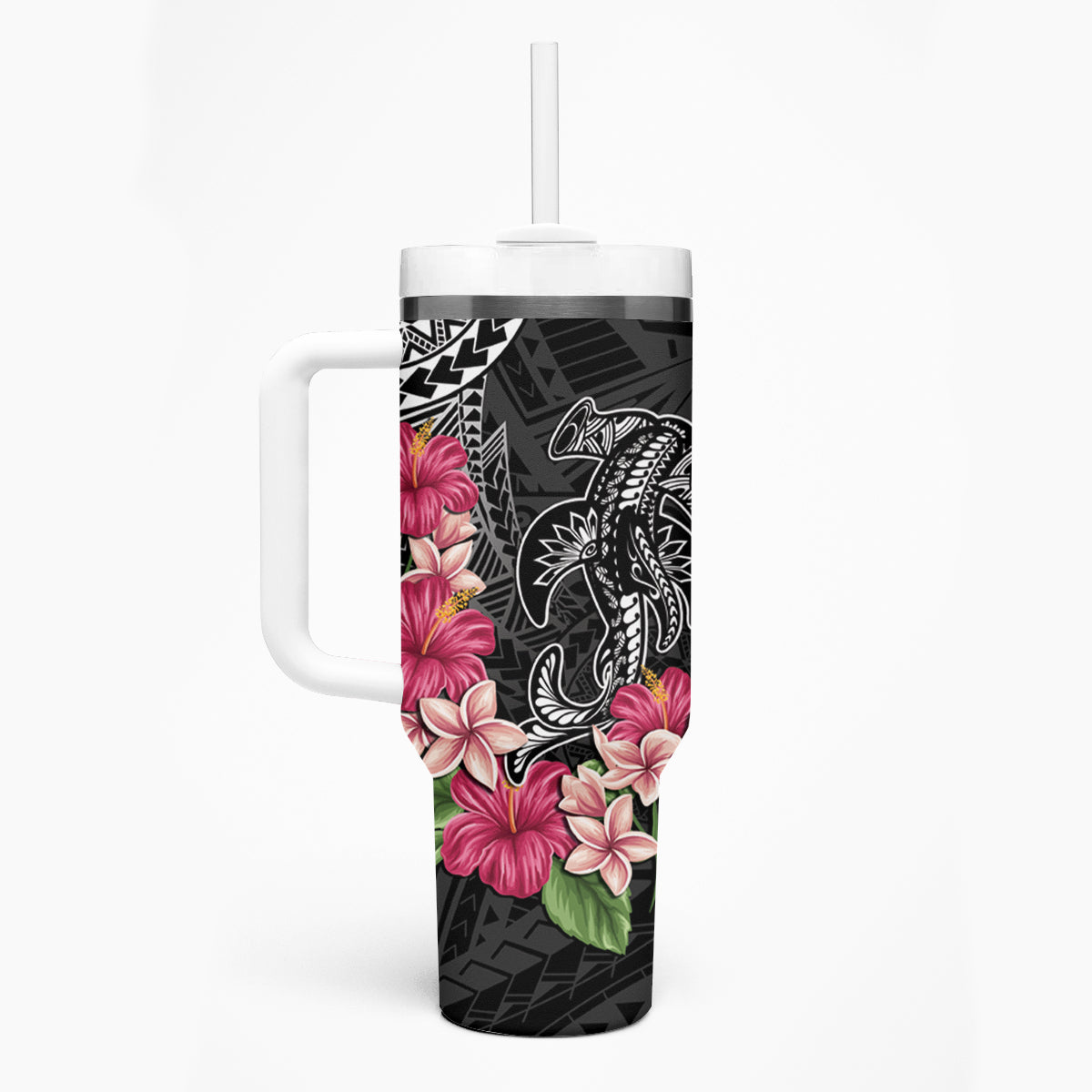 Black Polynesian Hammerhead Shark Tribal Pattern Tumbler With Handle