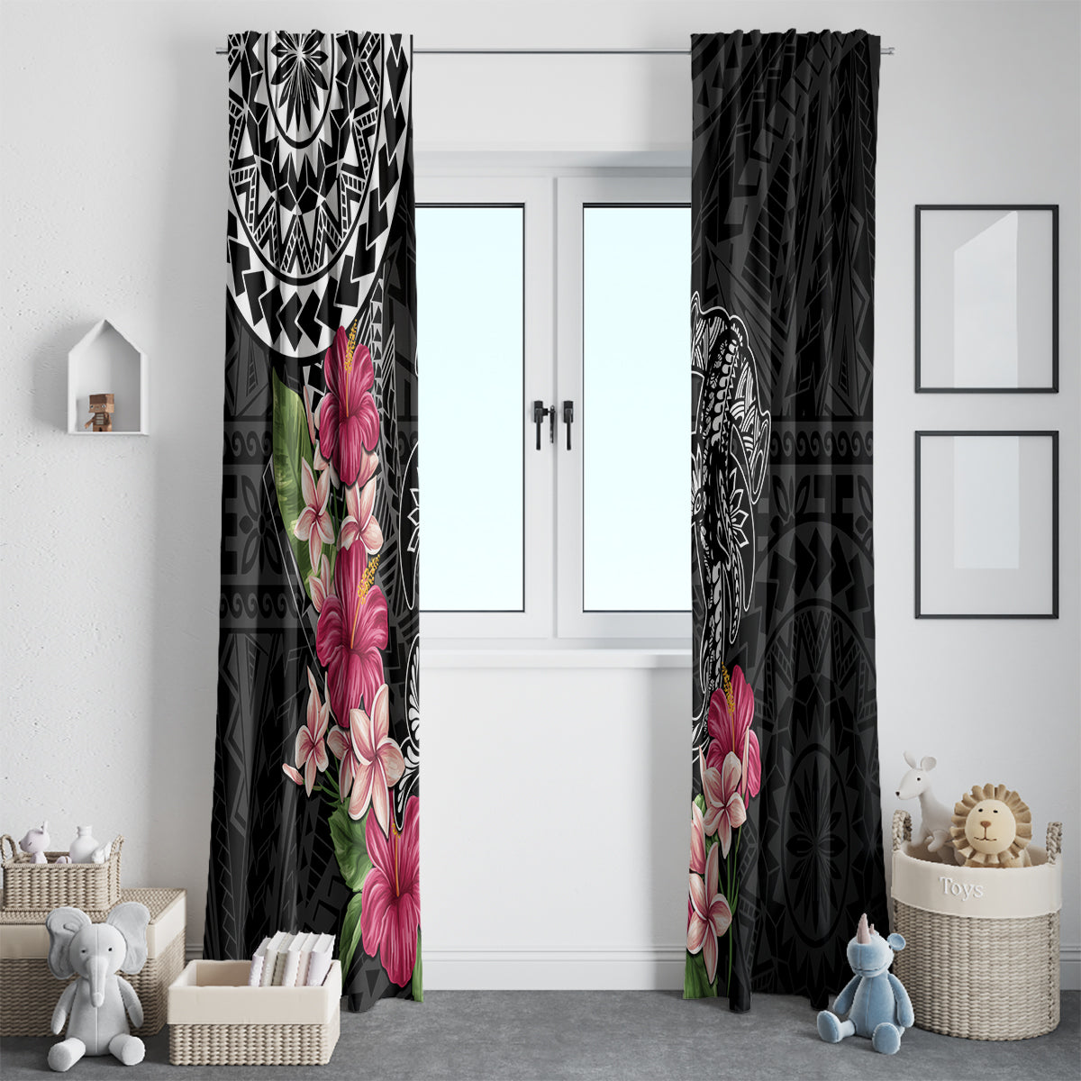 Black Polynesian Hammerhead Shark Tribal Pattern Window Curtain LT05 - Polynesian Pride