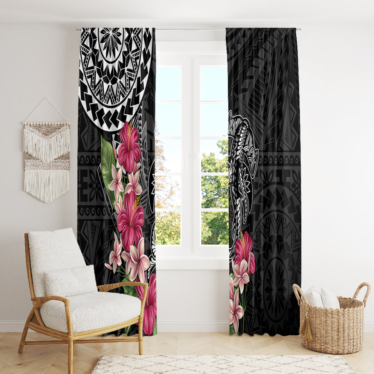 Black Polynesian Hammerhead Shark Tribal Pattern Window Curtain LT05 - Polynesian Pride
