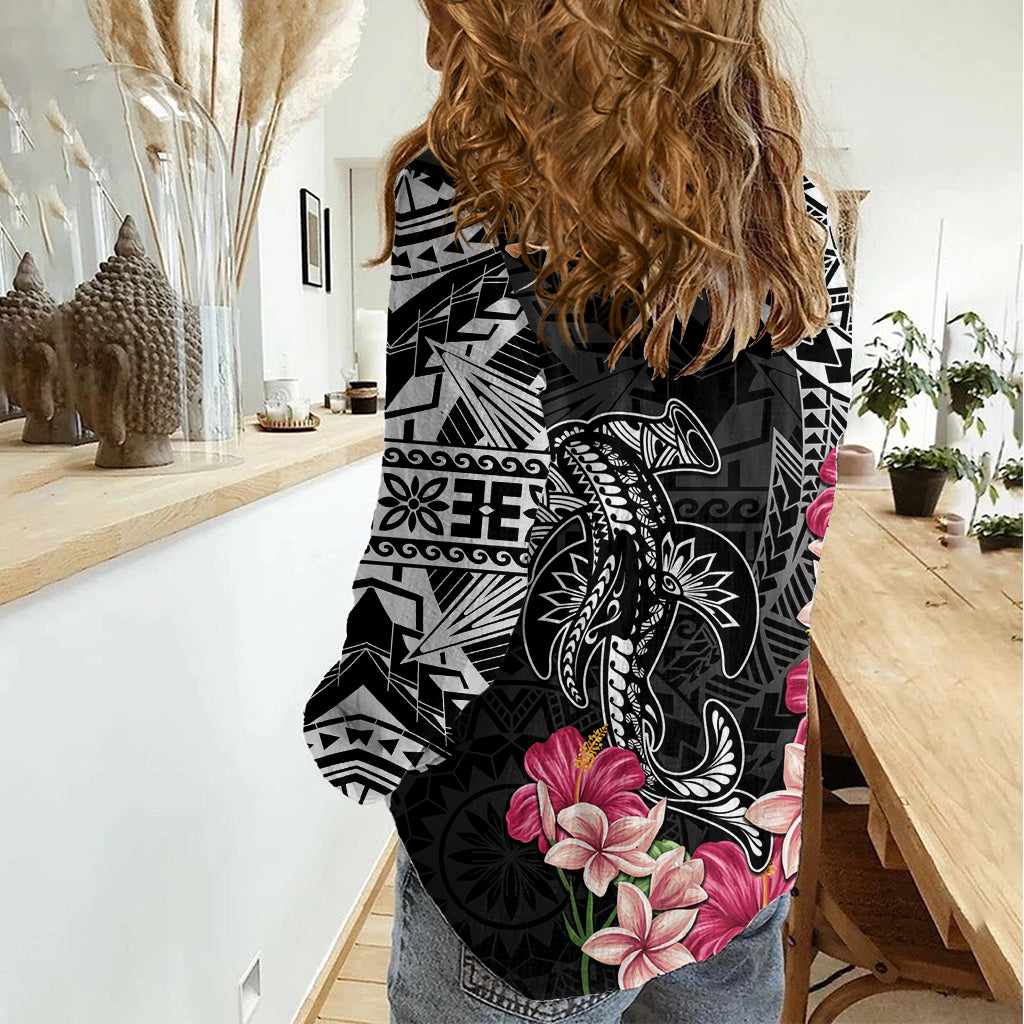 Black Polynesian Hammerhead Shark Tribal Pattern Women Casual Shirt LT05 - Polynesian Pride