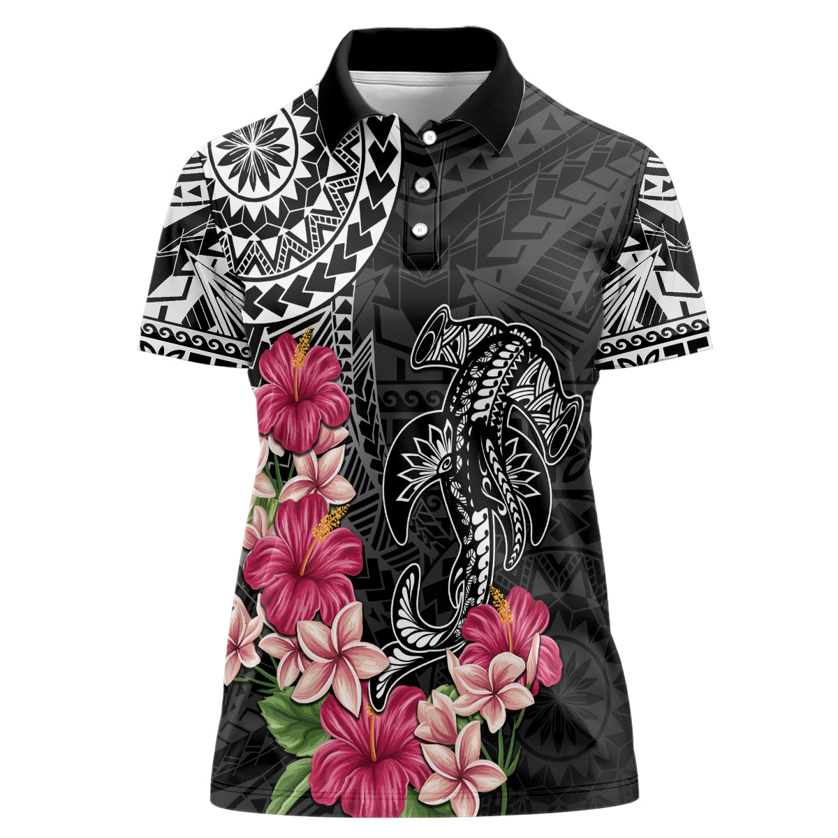 Black Polynesian Hammerhead Shark Tribal Pattern Women Polo Shirt