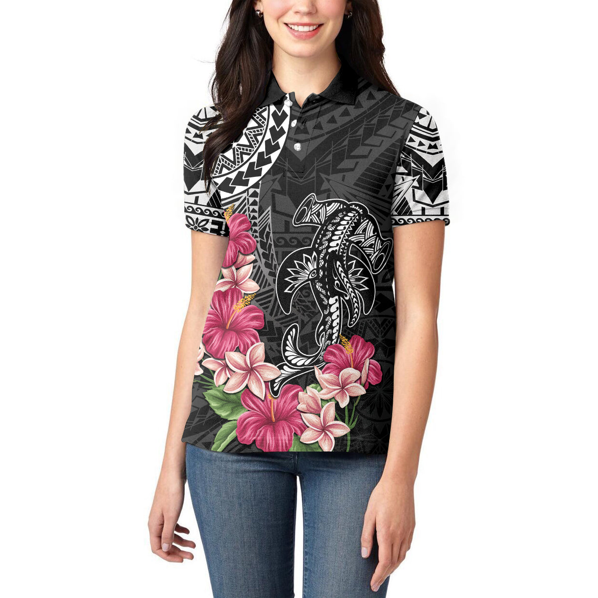 Black Polynesian Hammerhead Shark Tribal Pattern Women Polo Shirt