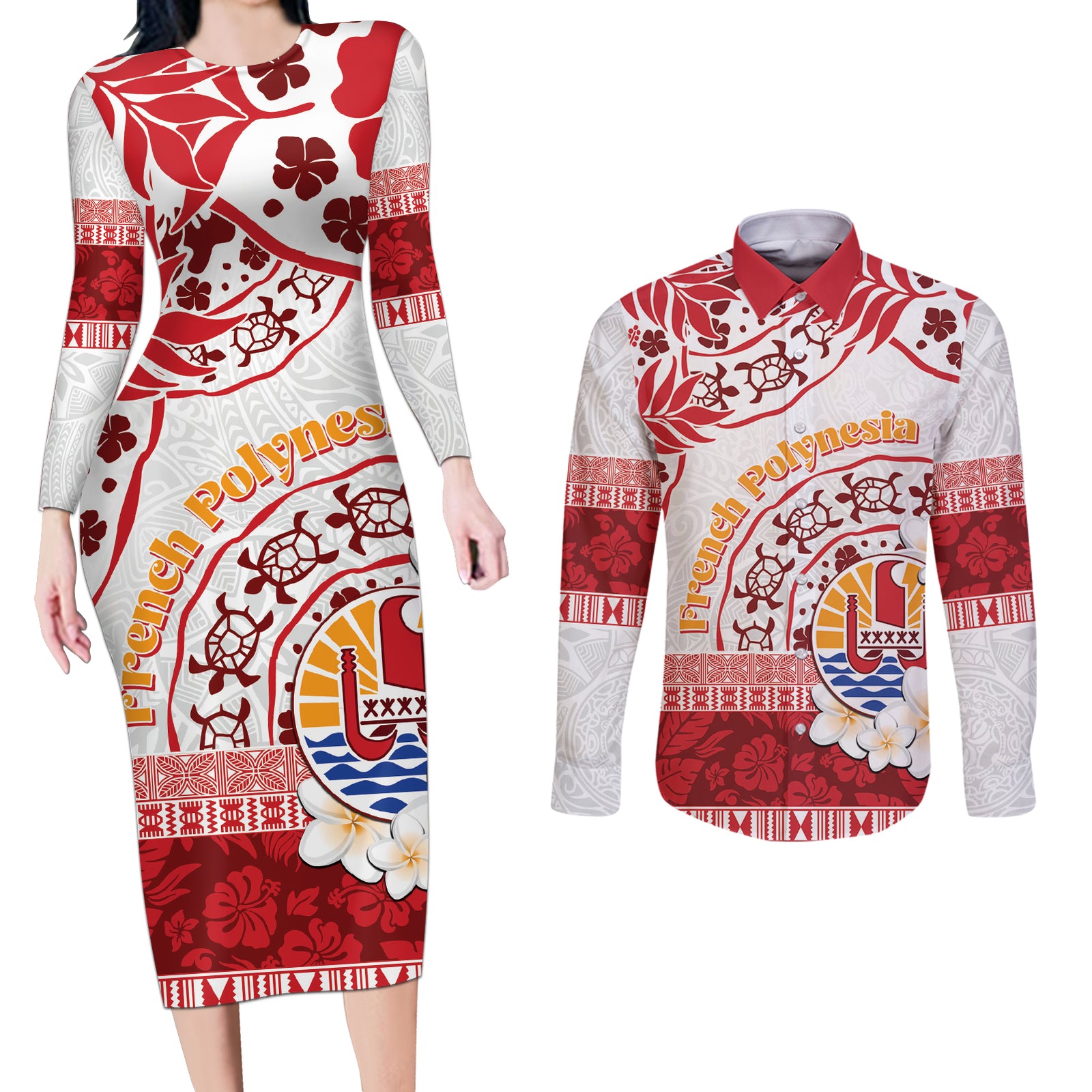 French Polynesia Internal Autonomy Day Couples Matching Long Sleeve Bodycon Dress and Long Sleeve Button Shirt Tropical Hibiscus And Turtle Pattern LT05 Red - Polynesian Pride