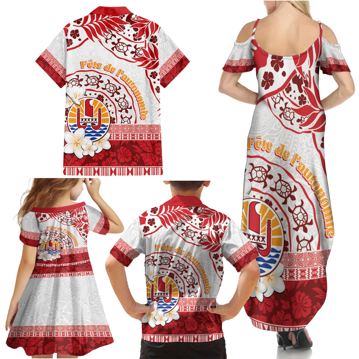 French Polynesia Internal Autonomy Day Family Matching Summer Maxi Dress and Hawaiian Shirt Tropical Hibiscus And Turtle Pattern